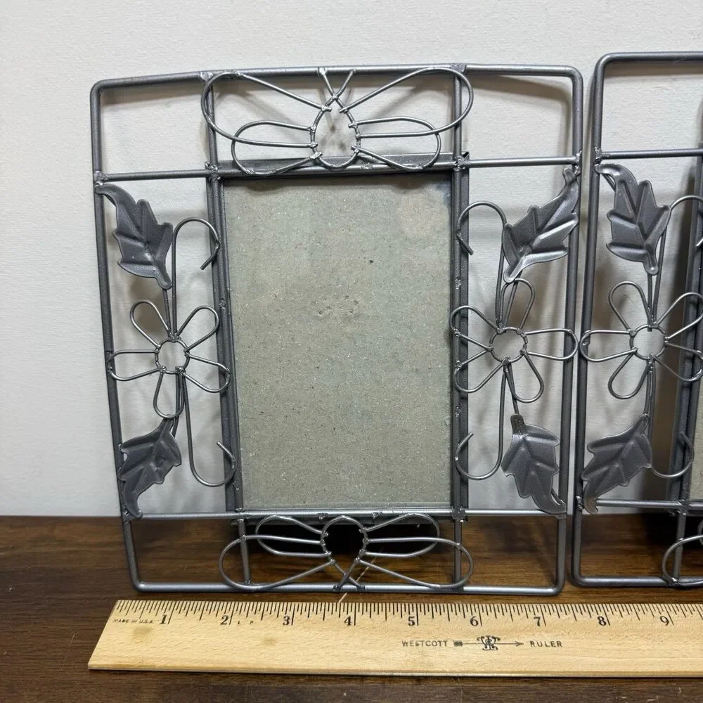 Pair Vintage Metal Wire Photo Frames Ornate Butterfly Floral Silver Tone Fairy